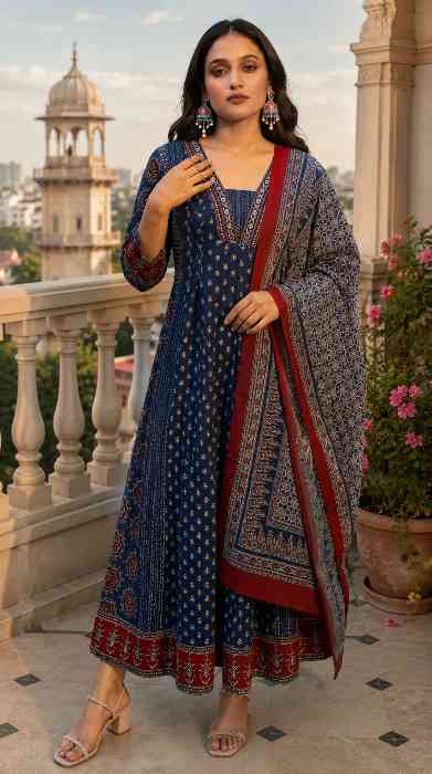 Rayon Printed Anarkali Kurta and Pant with Dupatta Set